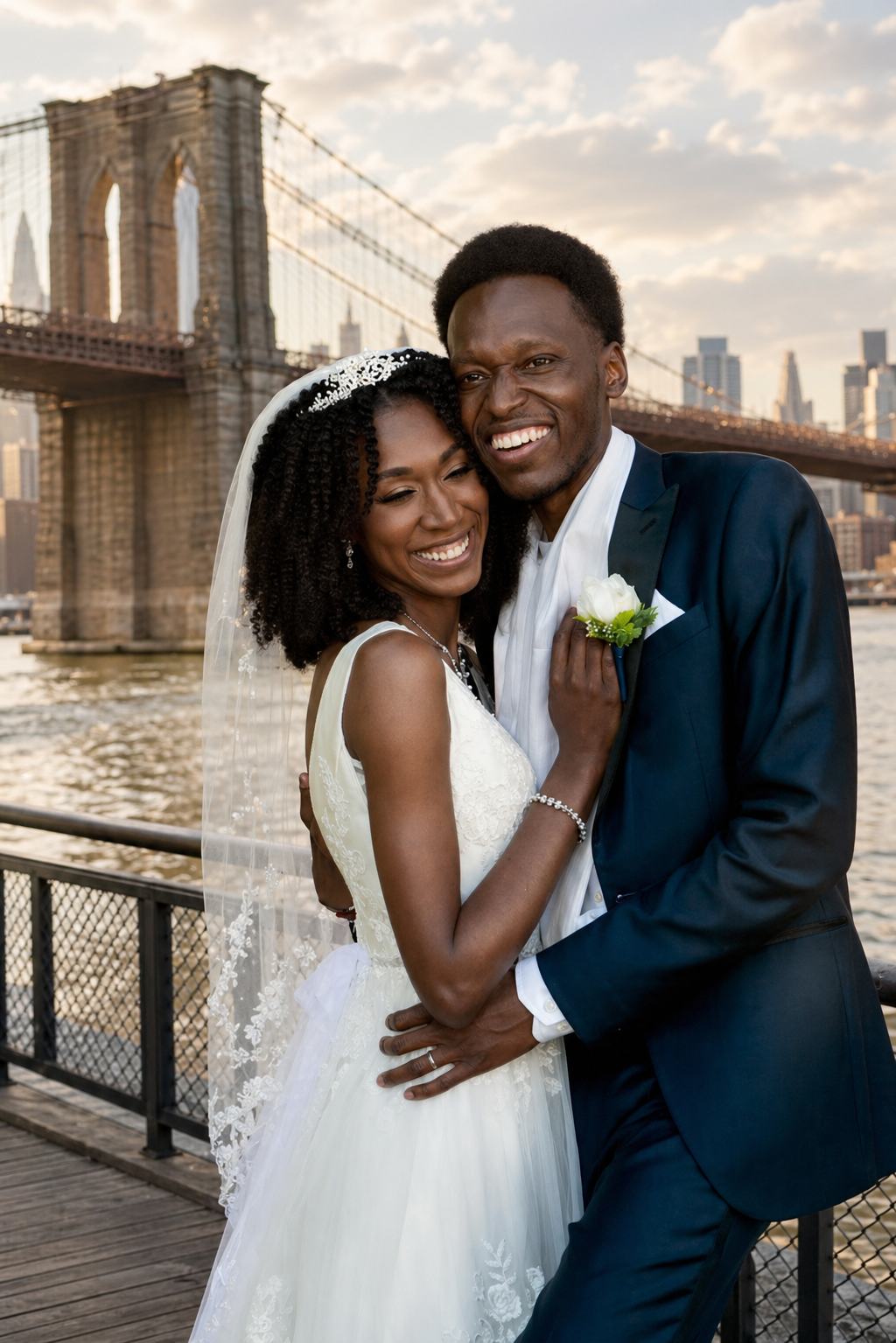 Brooklyn engagement portrait with Brooklyn Bridge-inspired background