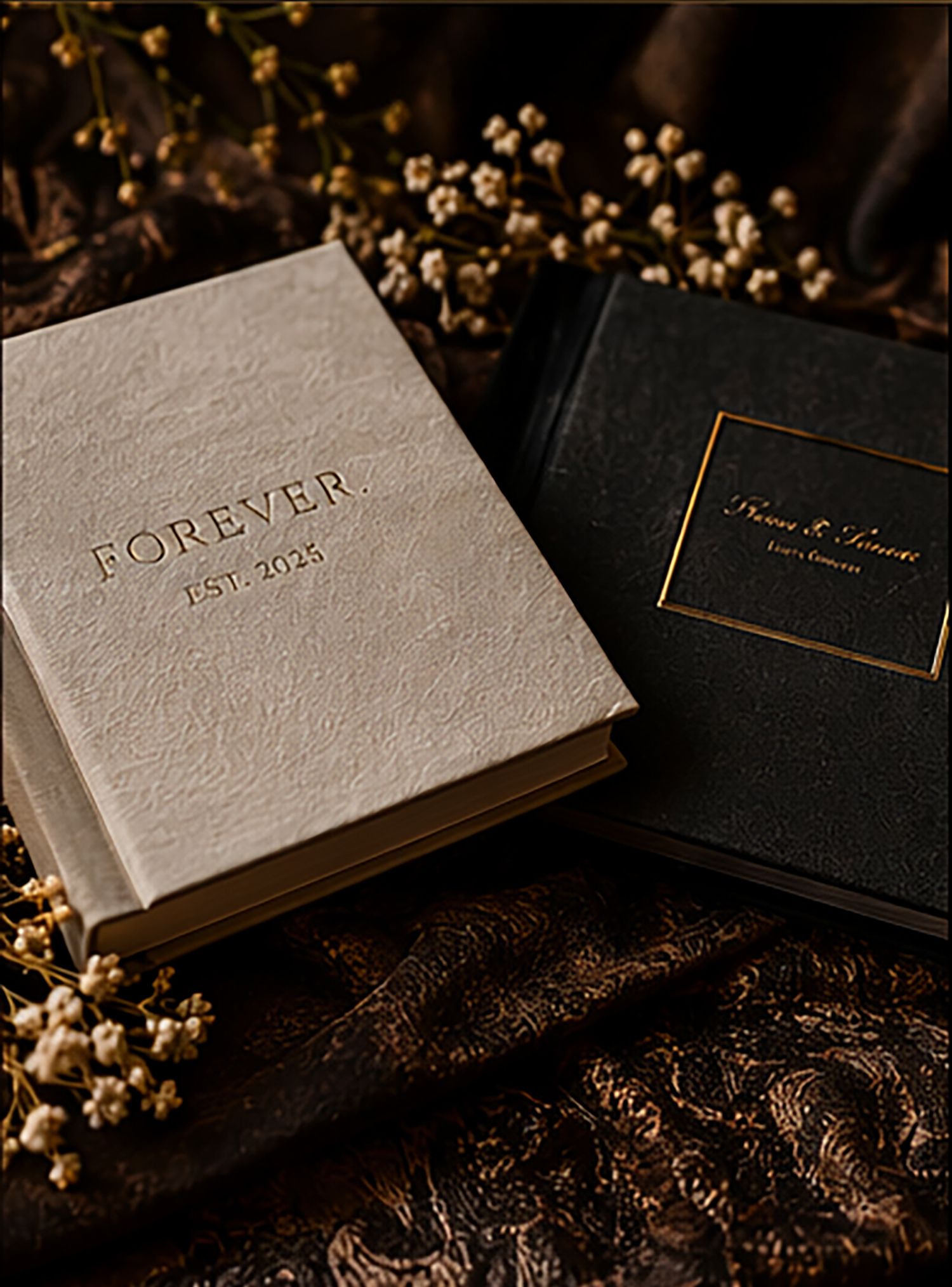 Elegant wedding invitation flatlay with soft lighting