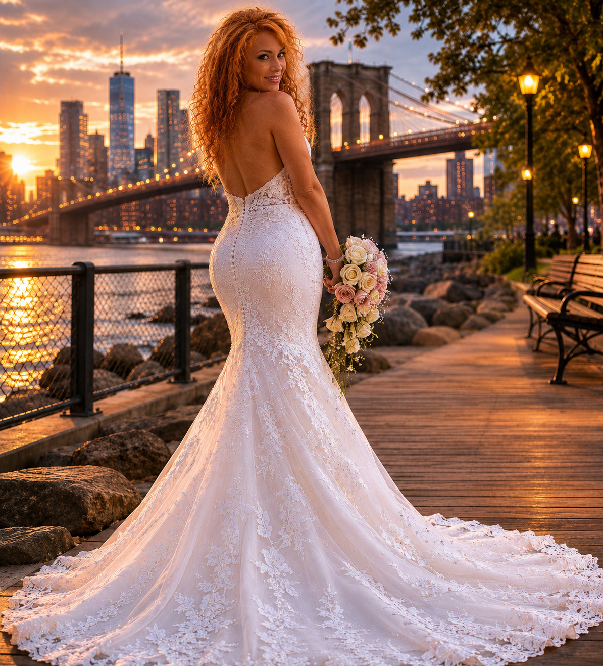 Bride in a lace mermaid wedding gown standing in Dumbo Brooklyn at golden hour with the Brooklyn Bridge and NYC skyline in the background.