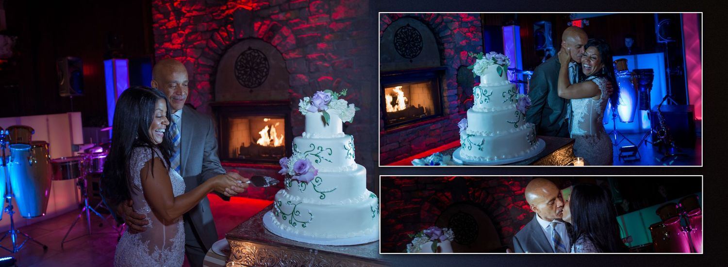 Wedding cake displayed during reception with colorful lighting