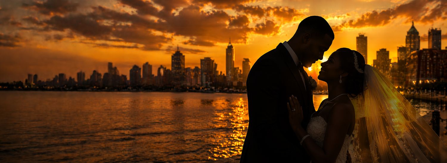 Bride and groom silhouette kissing during sunset with city skyline