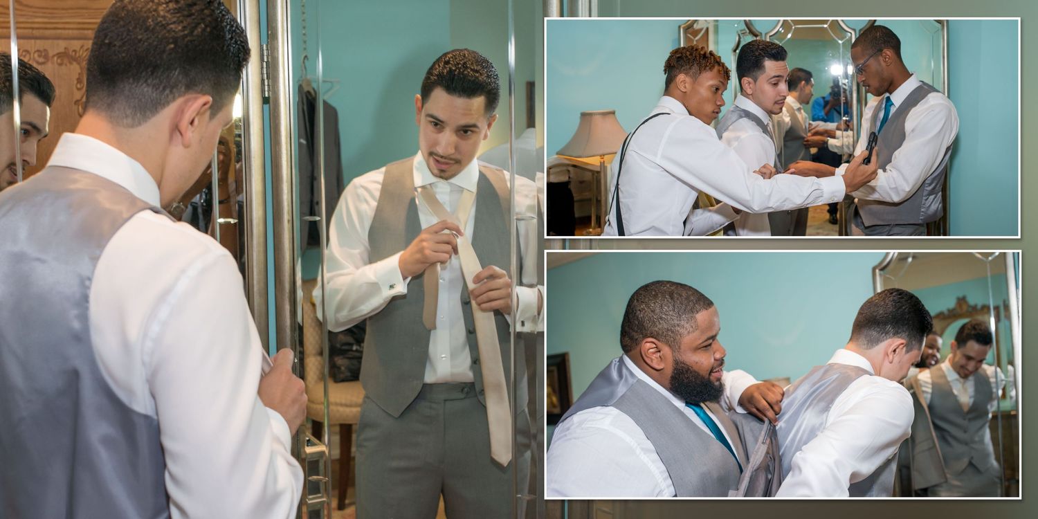 Groomsmen adjusting suits and ties before wedding ceremony