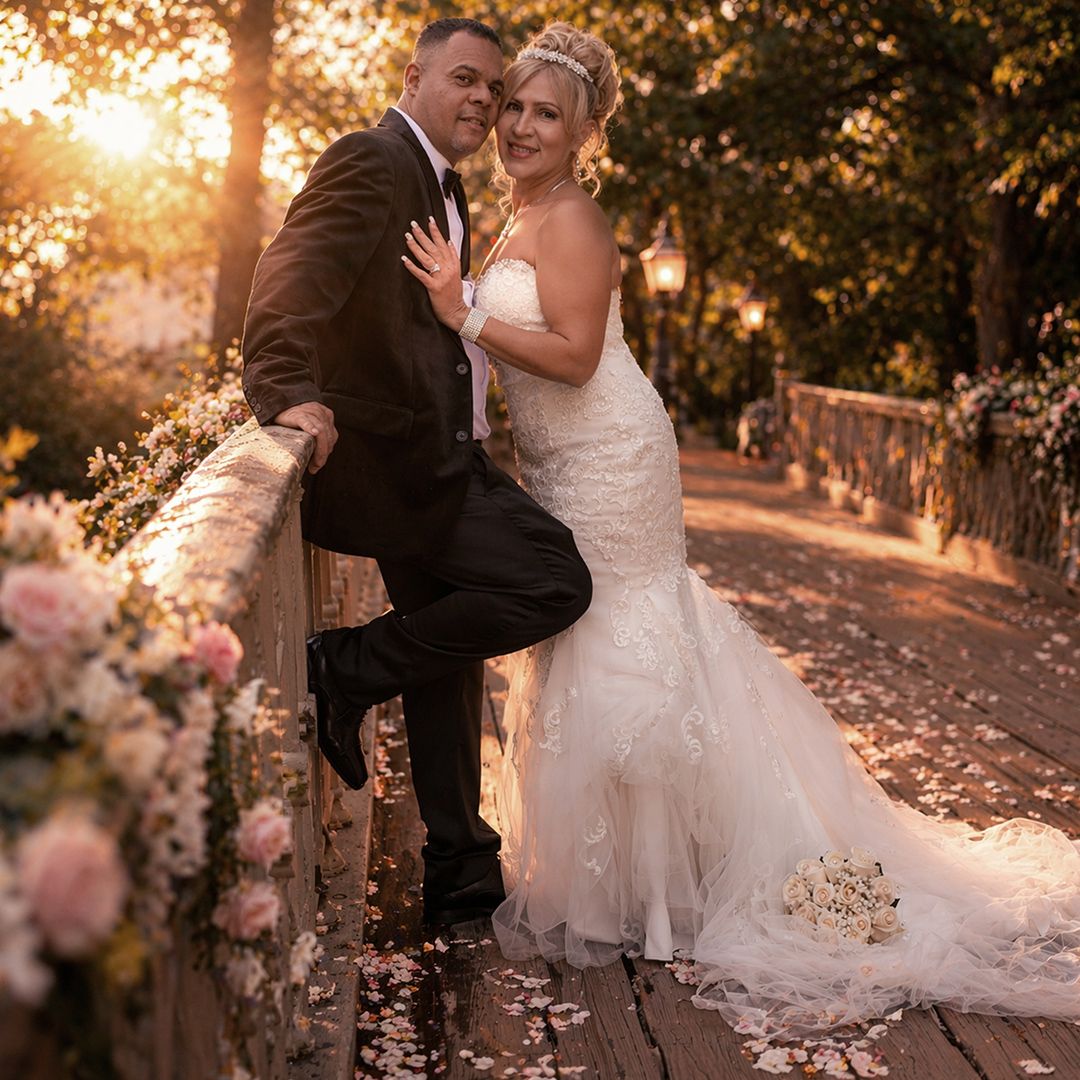 Bride and groom posing together during a golden hour outdoor wedding portrait session by Magic All Moment Photography.