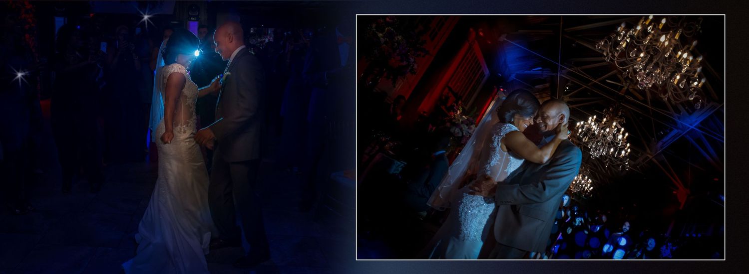 Bride and groom sharing first dance under romantic lighting