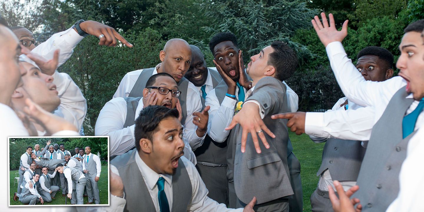 Groomsmen celebrating and cheering together outdoors during wedding day