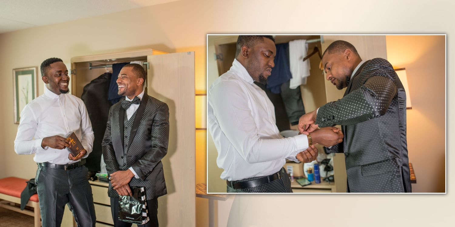 Groomsmen helping each other get ready before wedding ceremony