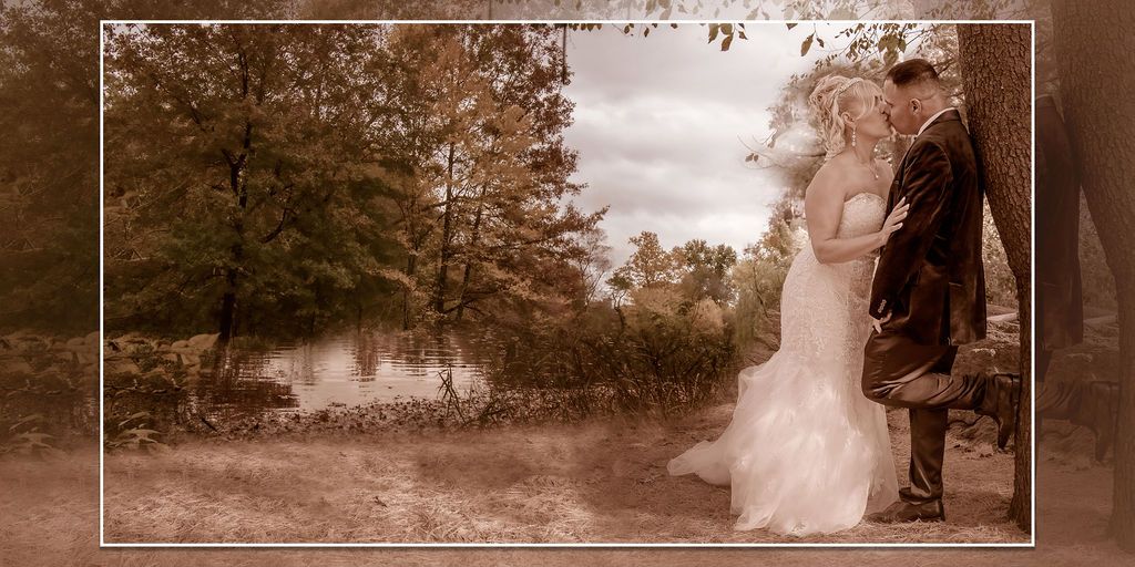Bride and groom standing together outdoors in fall setting