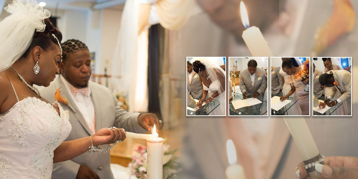 Bride signing wedding documents during ceremony with officiant in NYC