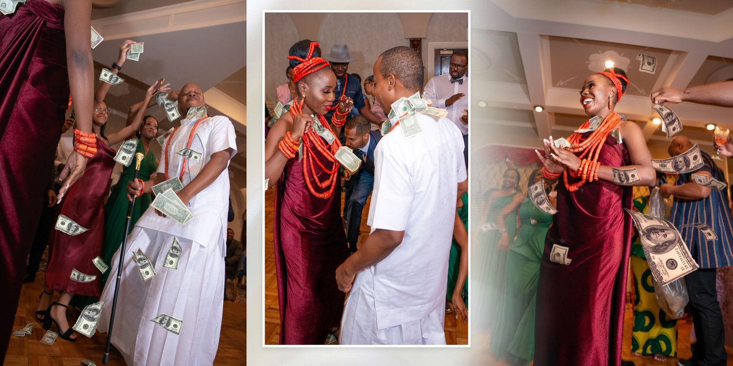 Cultural wedding money dance tradition with bride and groom celebrating with guests