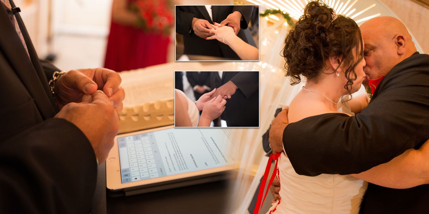 Close-up of wedding ring exchange during ceremony with emotional moment