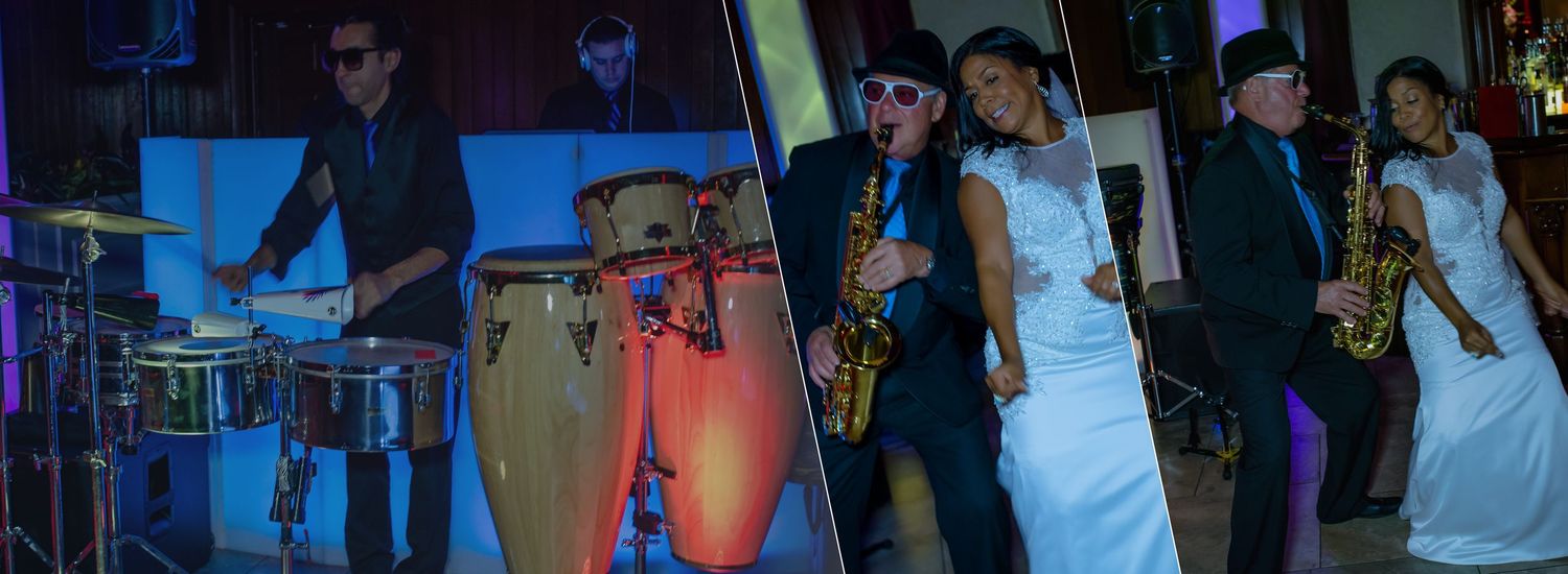 Live band performing at wedding reception with bride and guests dancing in NYC