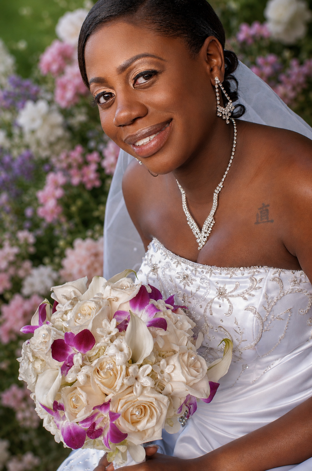 Bride smiling with flowers behind her during a romantic wedding portrait session.by Magic All Moment Photography