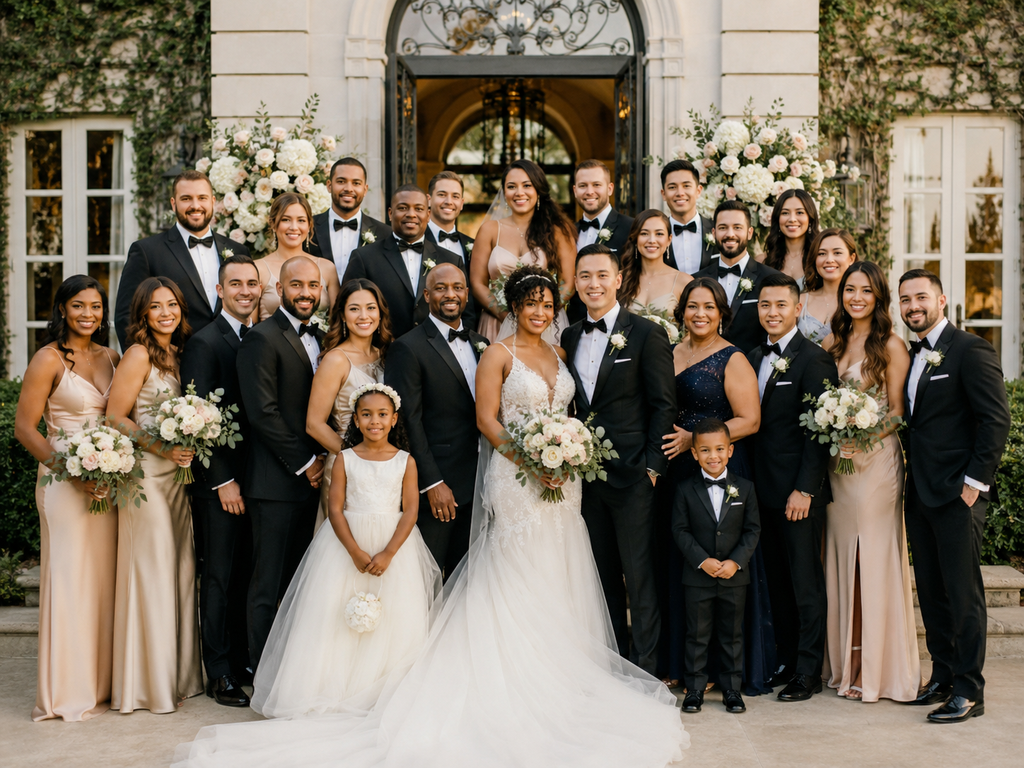 Large wedding party posing with the bride and groom for a formal group portrait.