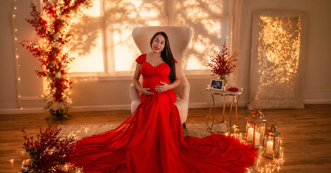 Elegant maternity portrait of a mother in a red gown photographed in Brooklyn New York by Magic All Moment Photography.