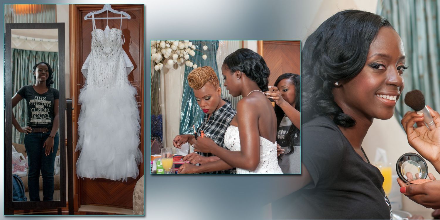 Bride getting ready with dress and makeup during wedding morning