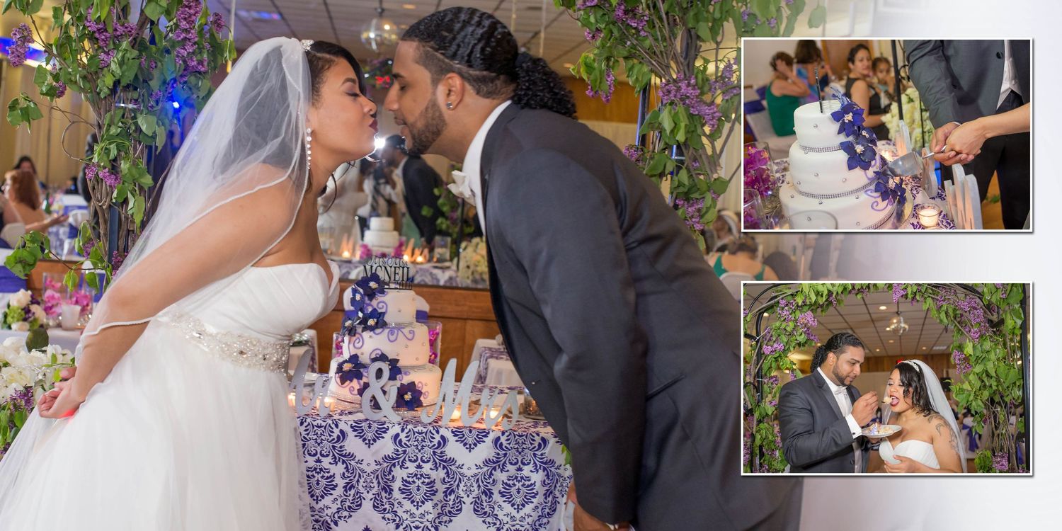 Bride and groom sharing a kiss during cake cutting ceremony