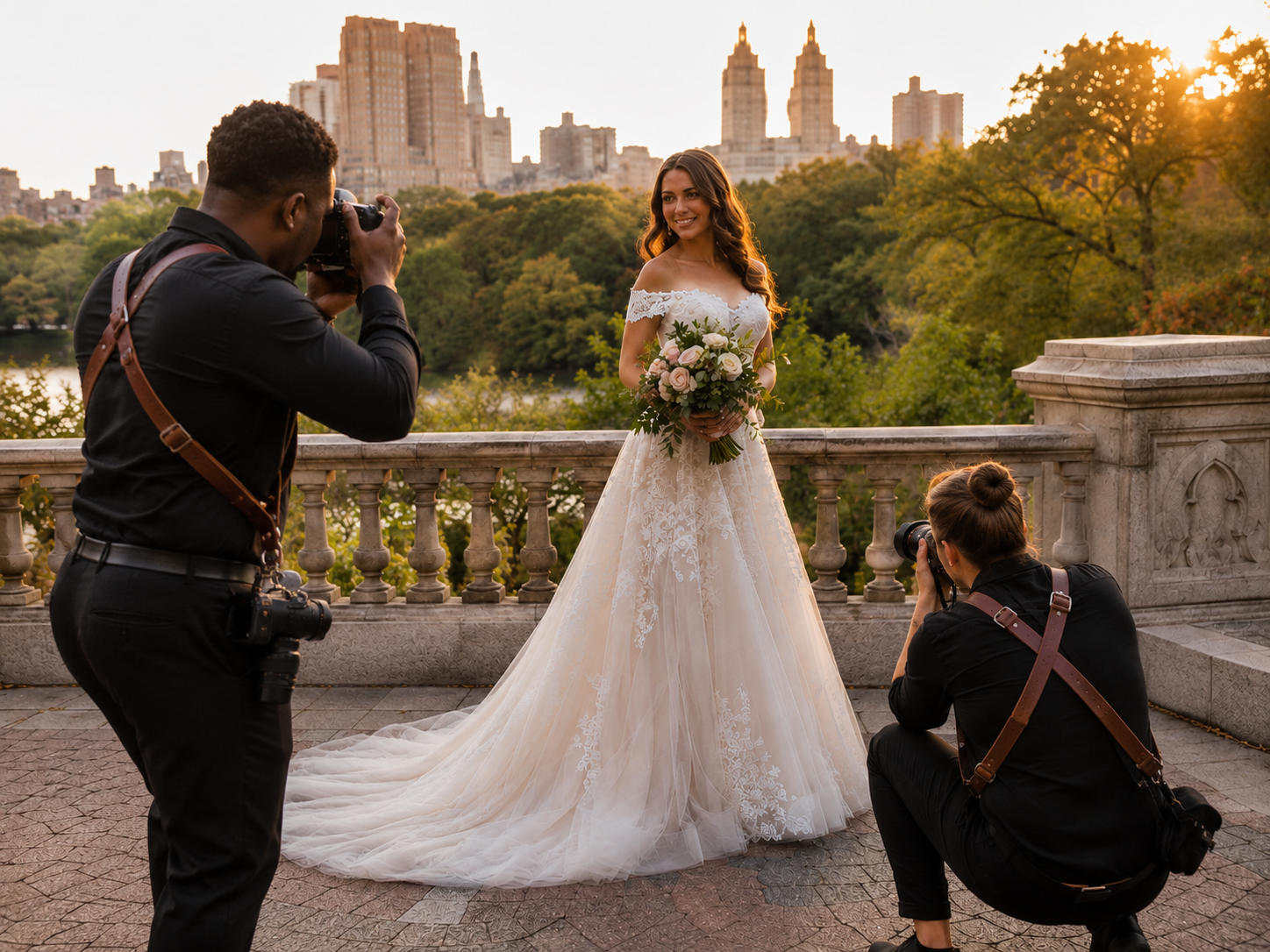 Behind the scenes wedding photography scene with photographers capturing a bride during an outdoor portrait session.