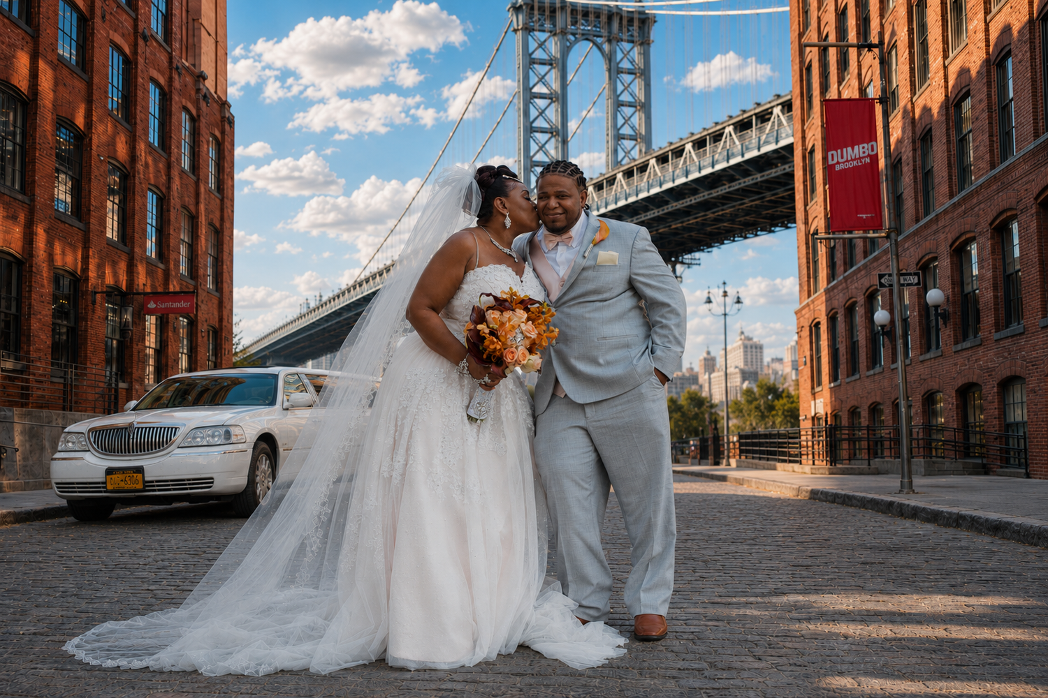 Bride and groom posing by a white limousine in Dumbo Brooklyn with the Manhattan Bridge in the background.by Magic All Moment Photography