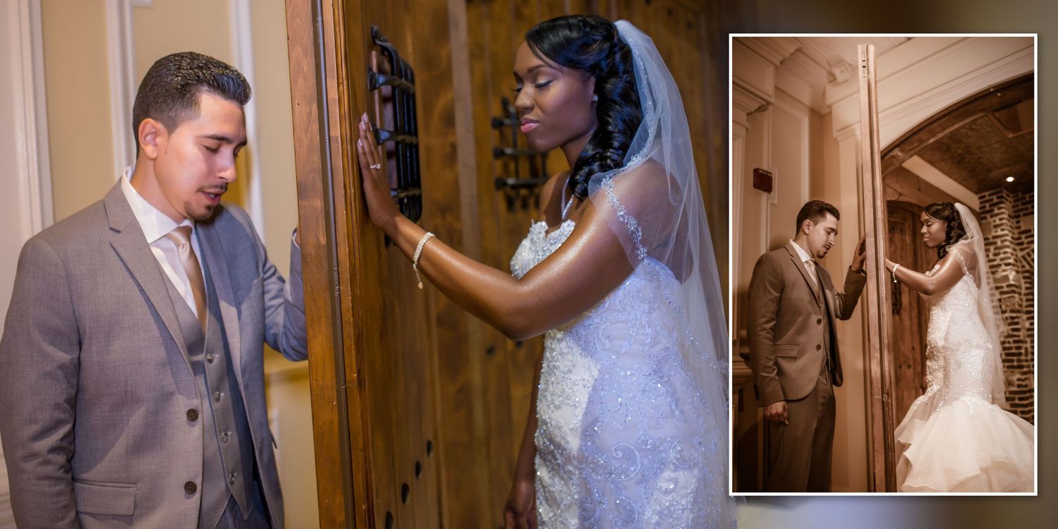 Emotional wedding first look moment between bride and groom before ceremony