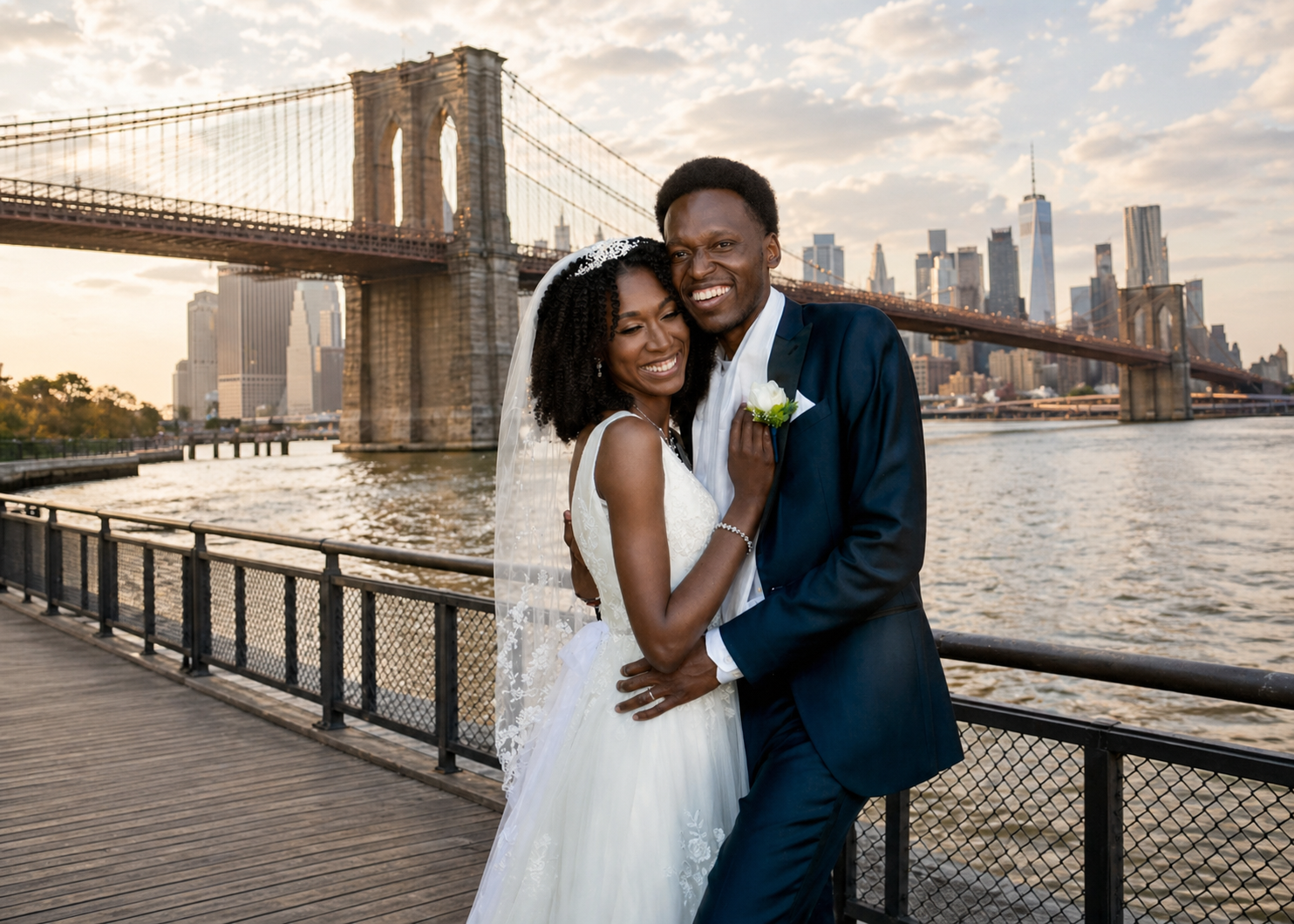 Brooklyn engagement portrait with Brooklyn Bridge-inspired background