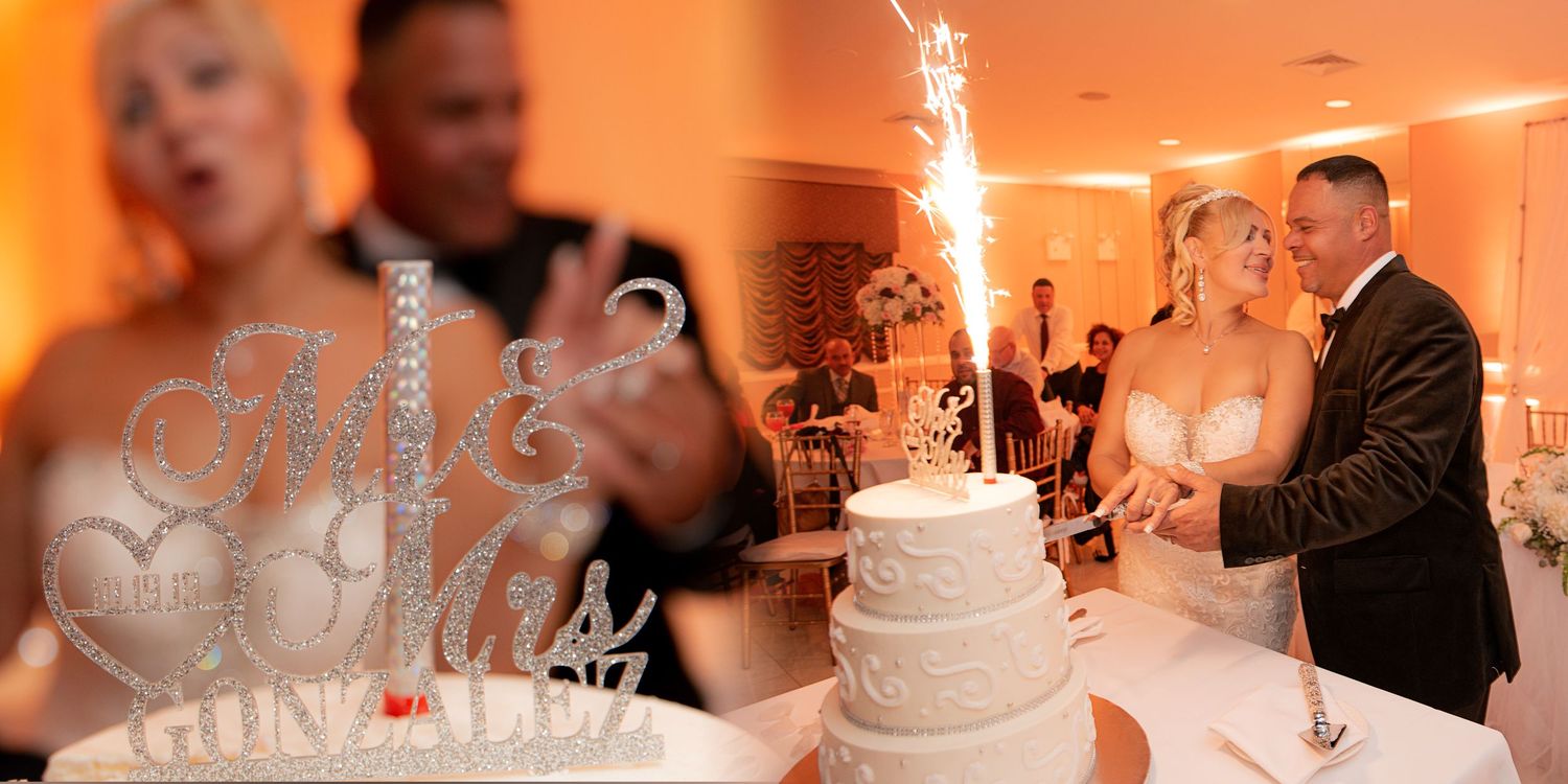 Bride and groom celebrating with cake during wedding reception