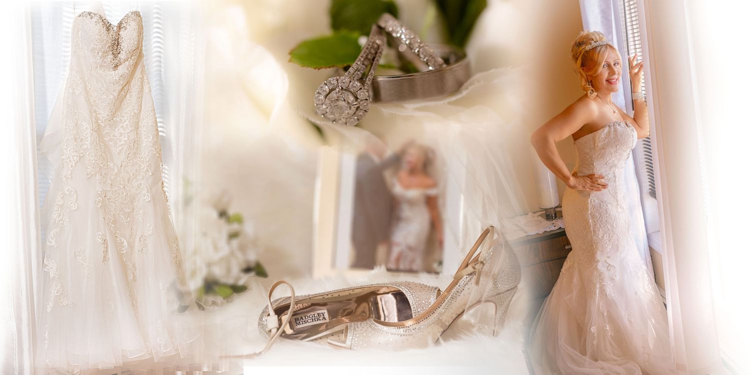 Wedding accessories including dress, shoes, and rings styled for detail photography