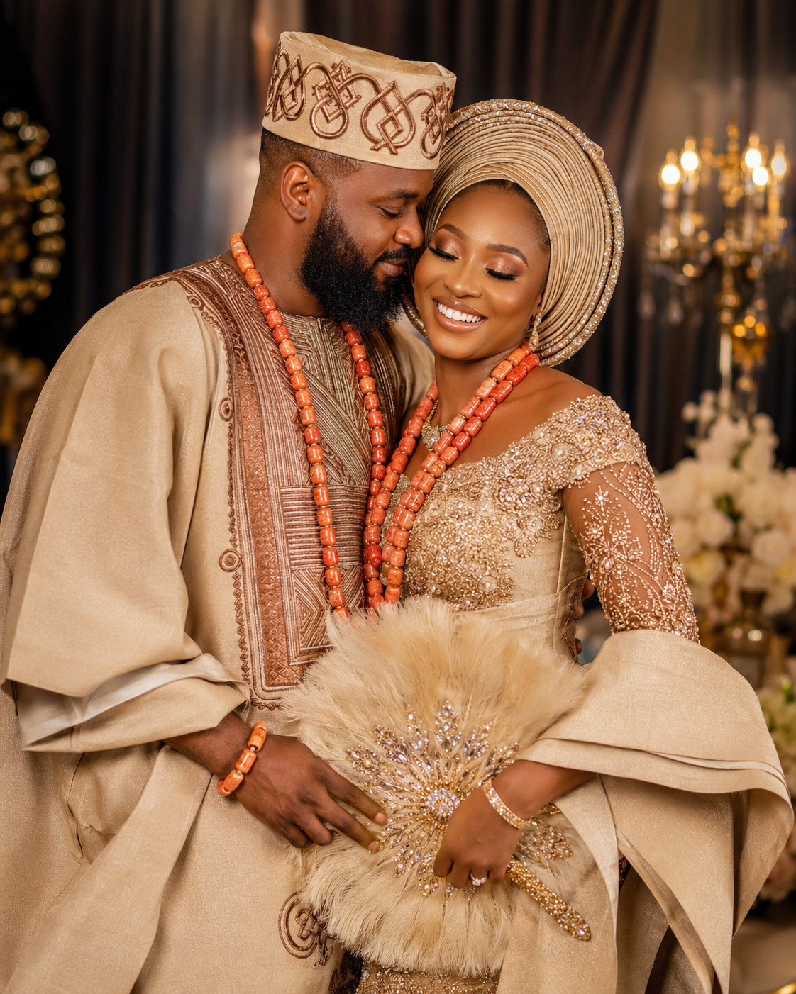Bride and groom wearing traditional African wedding attire for a cultural wedding portrait. Yeah