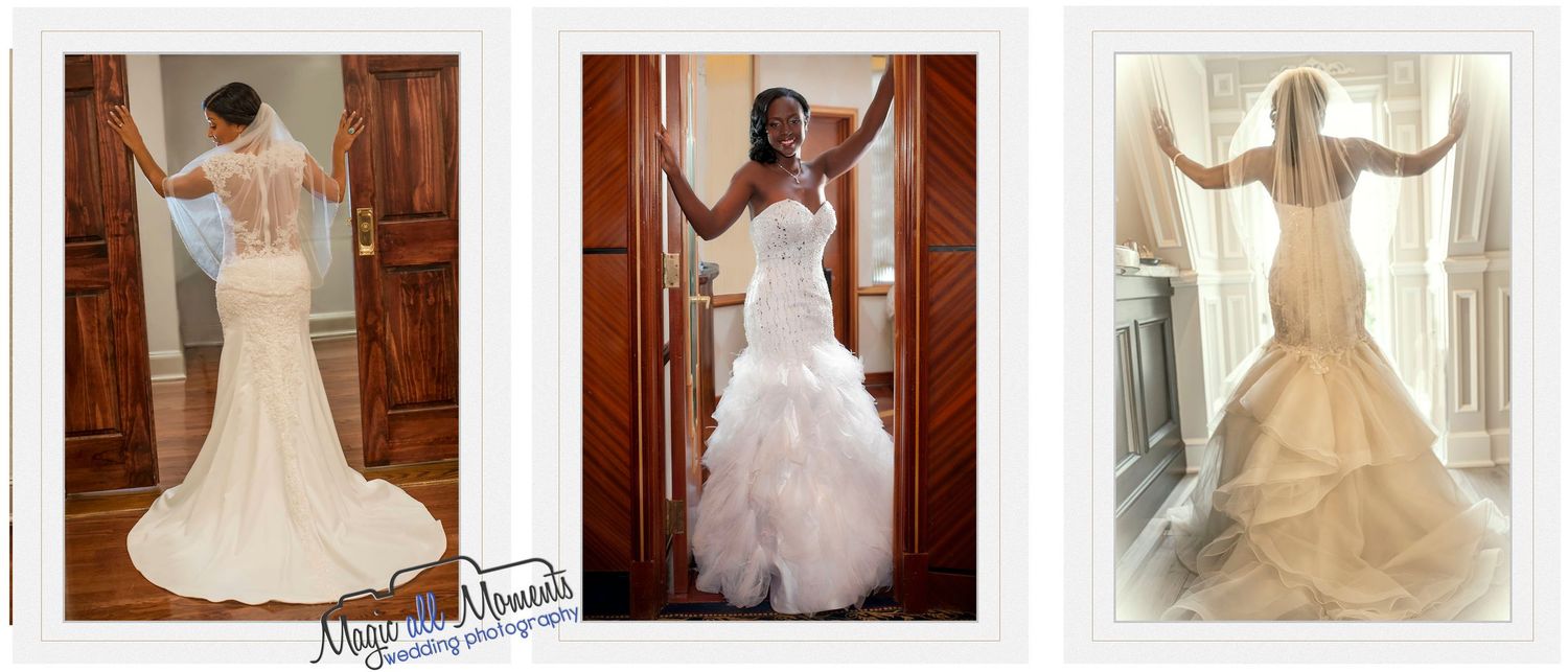 Collection of wedding dresses displayed during bridal preparation