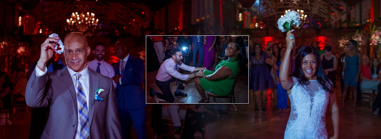 Wedding reception dance floor with colorful lights and guests dancing