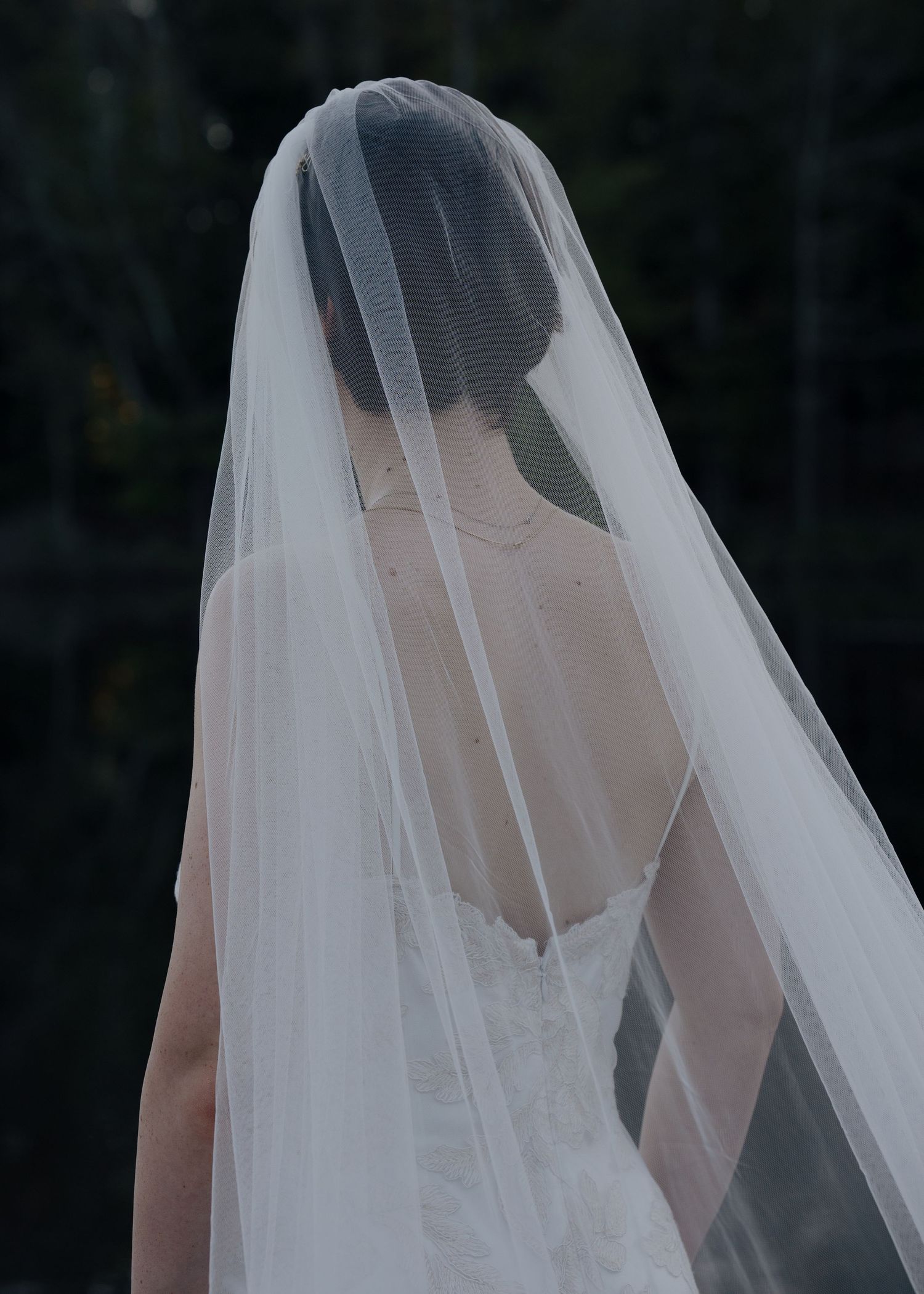 Bride seen from behind wearing a flowing white wedding veil and backless lace gown outdoors.