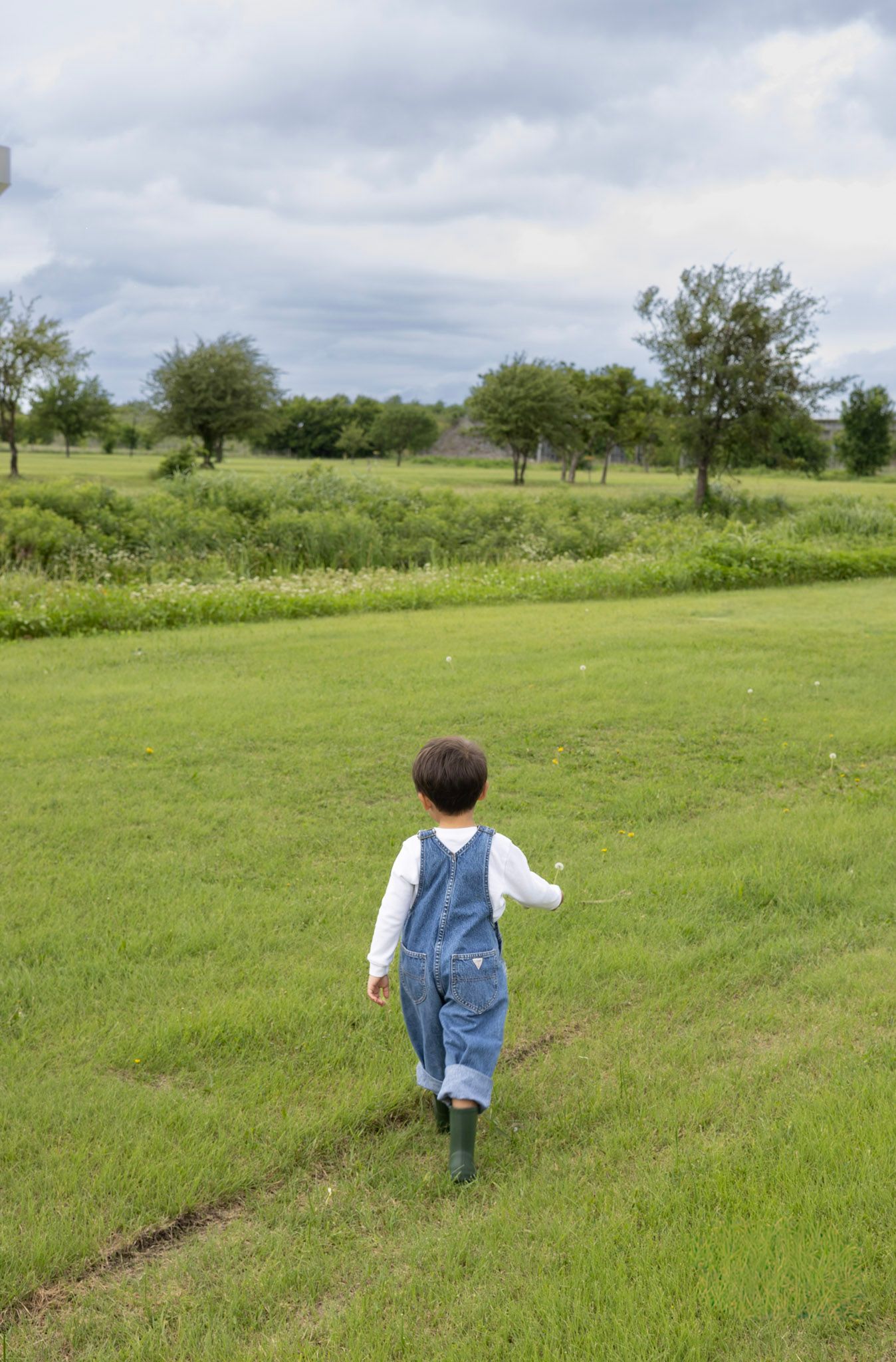 Young child in denim overalls and green rain boots walking across a wide open green field.