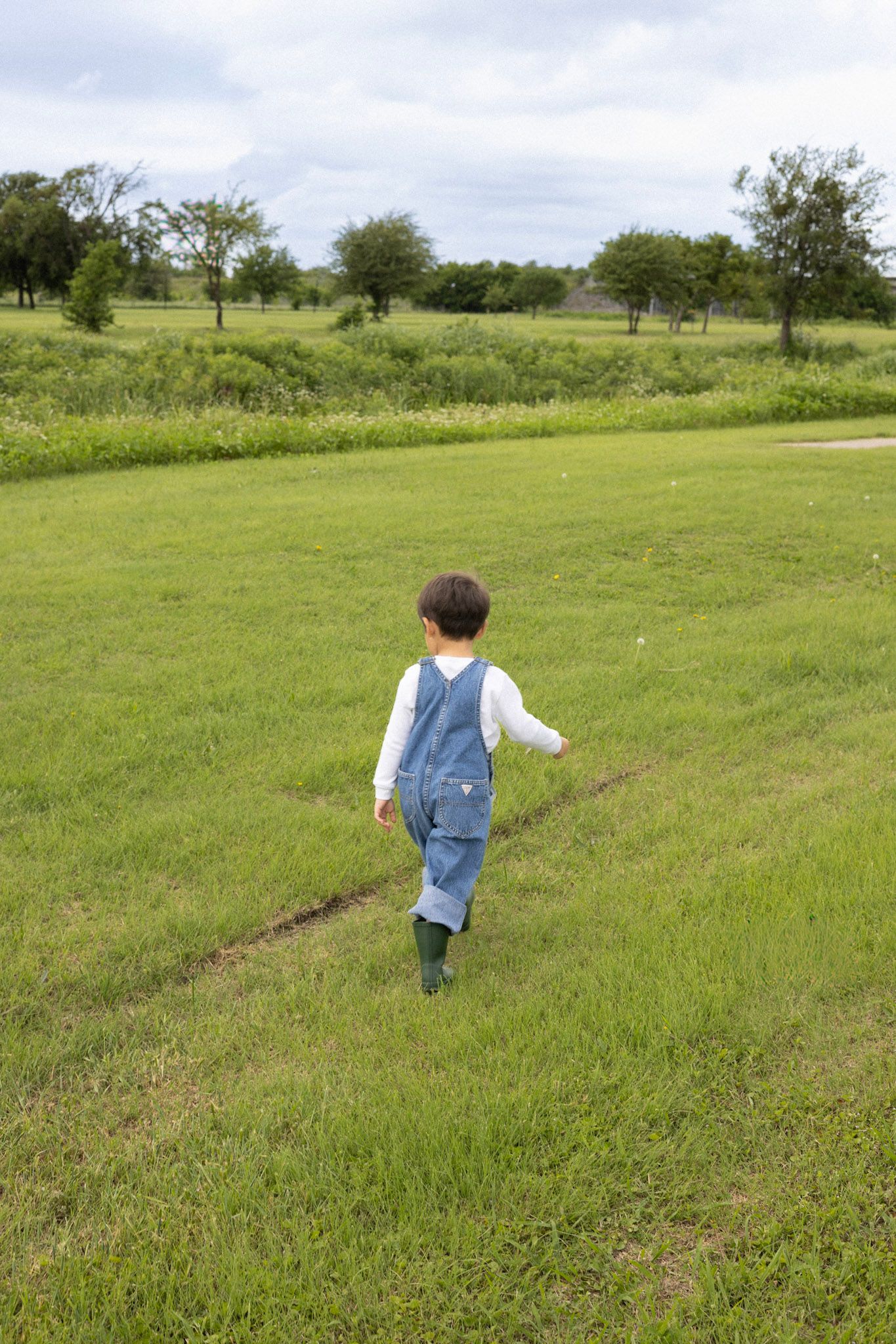 Rear view of a toddler in denim overalls and green rain boots walking through a green meadow.