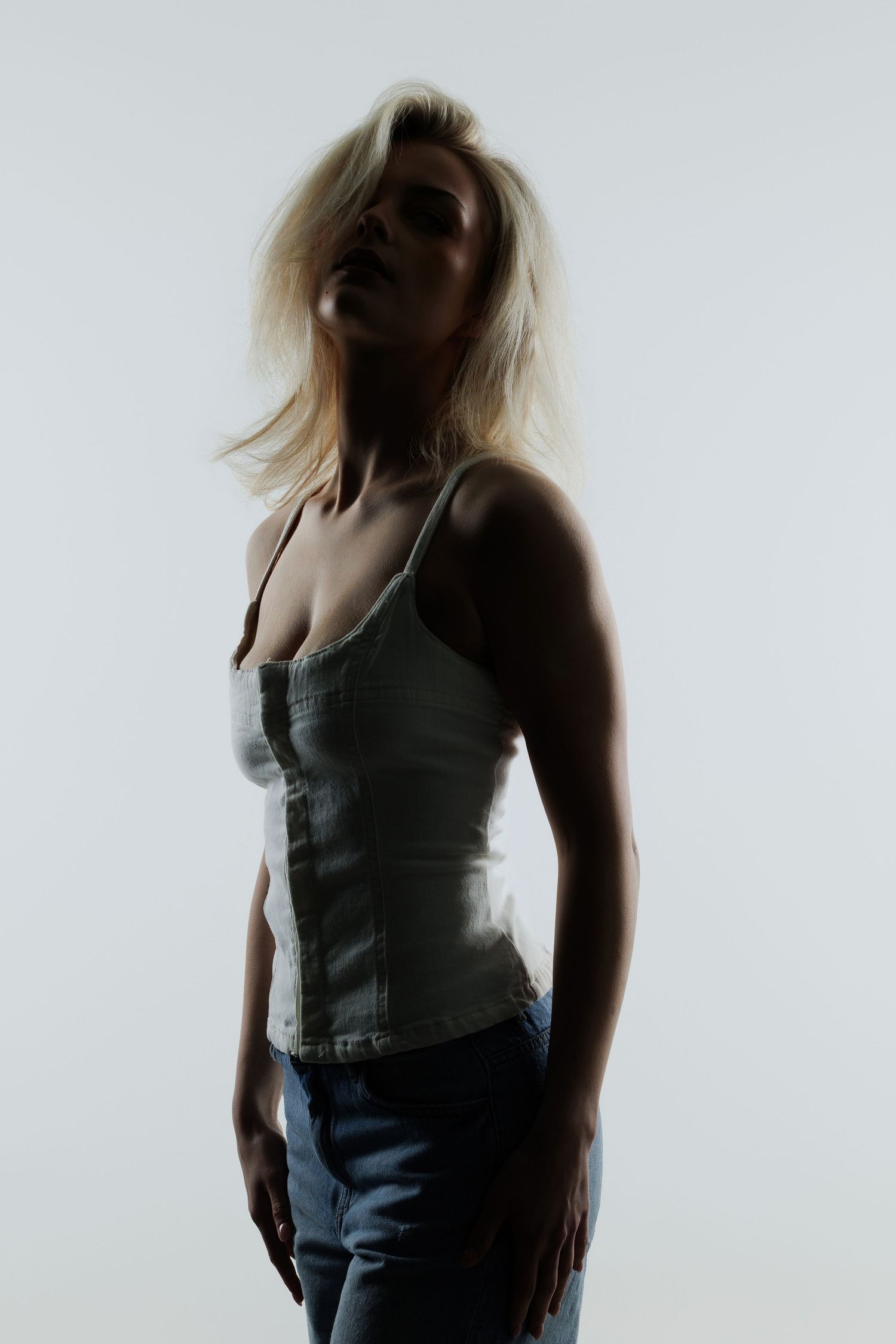 Silhouette of a blonde woman in a denim corset top and jeans posing against a bright white background.