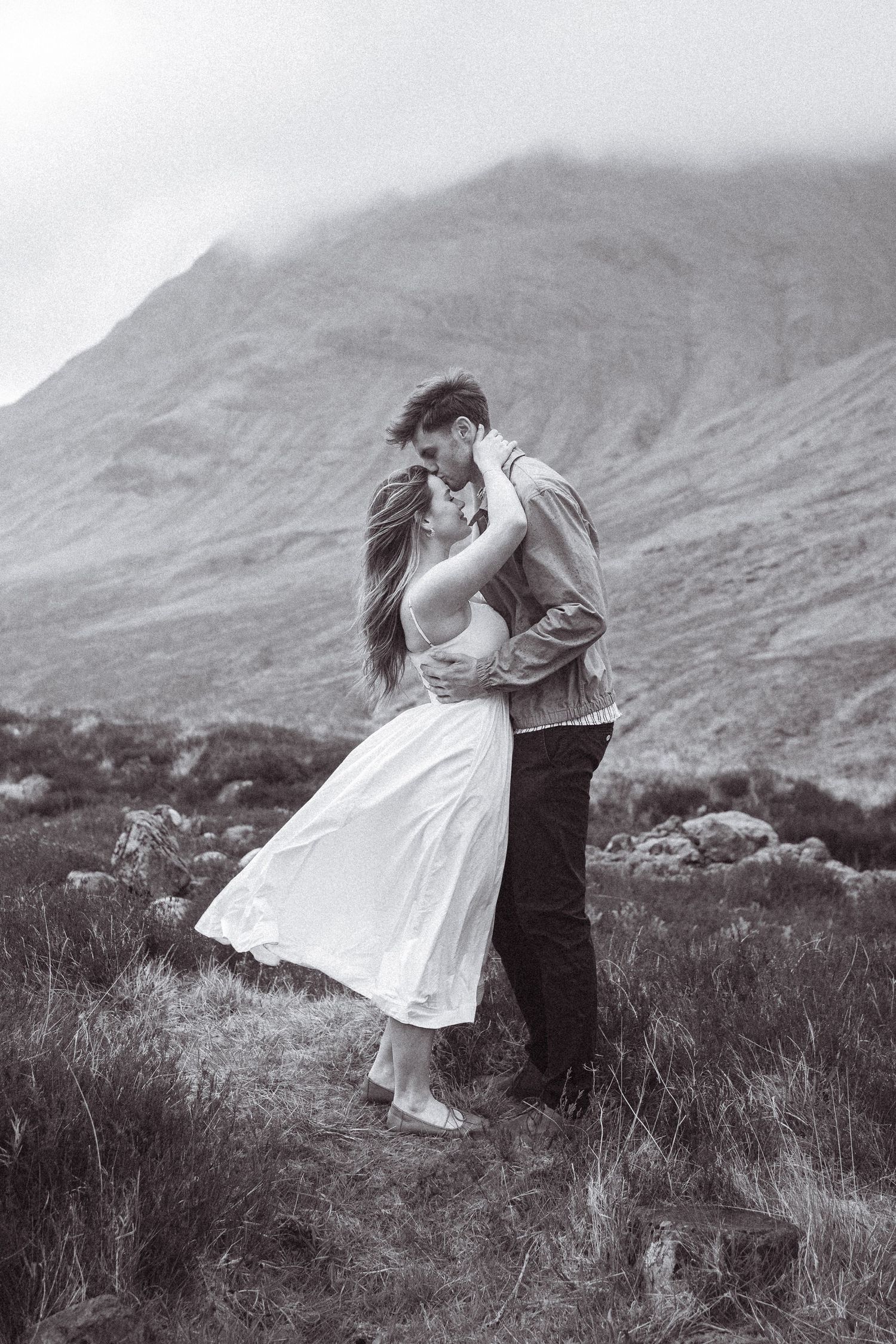 Black and white, editorial, cinematic engagement shoot. Engagement shoot, couples photographer. Highland elopement.