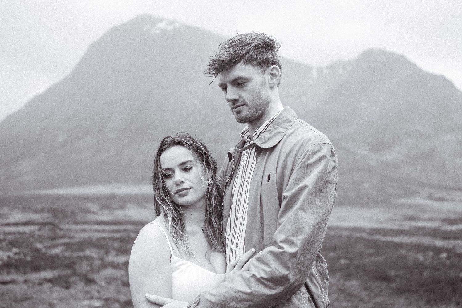 Black and white, editorial, cinematic engagement shoot. Engagement shoot, couples photographer. Highland elopement.
