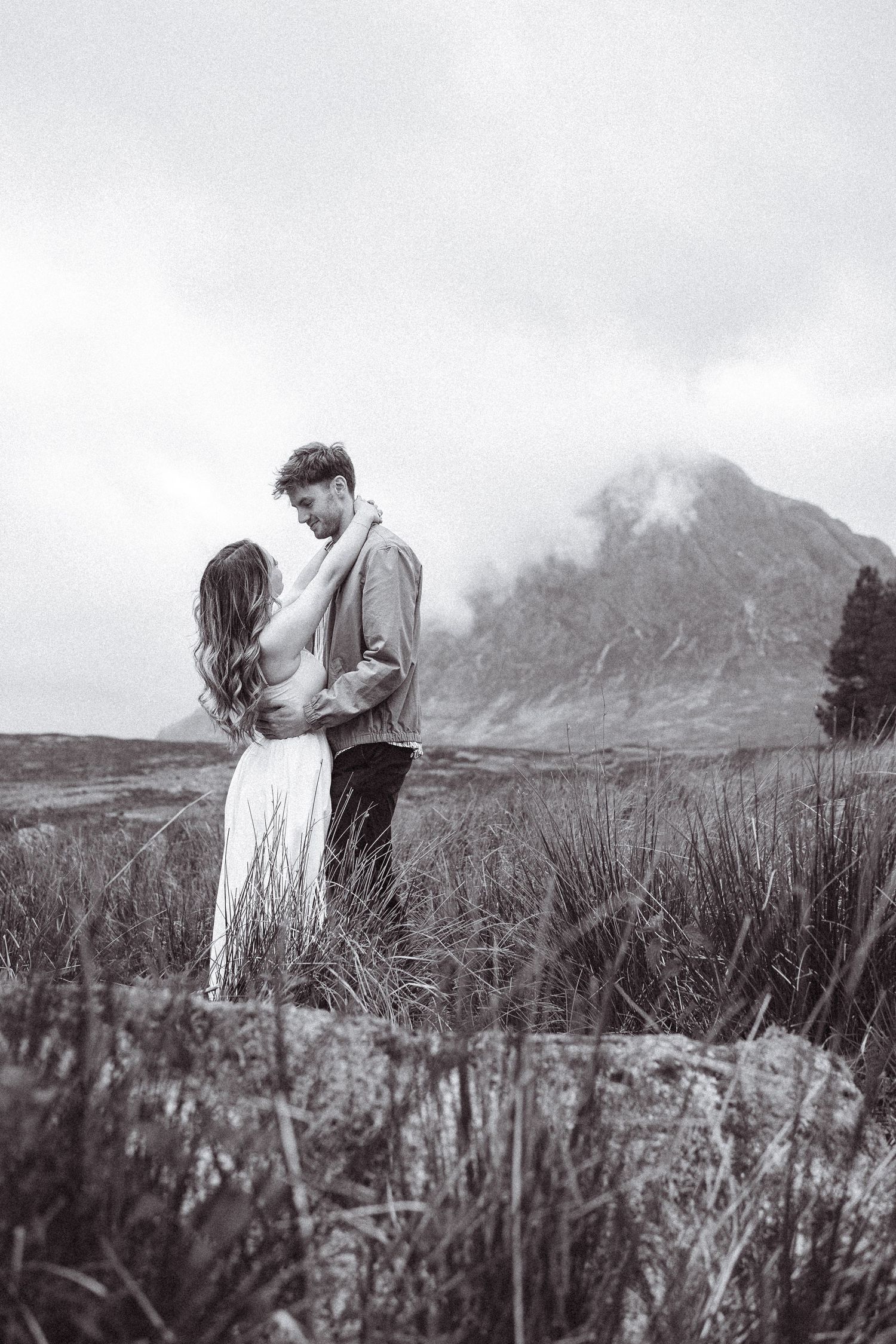 Black and white, editorial, cinematic engagement shoot. Engagement shoot, couples photographer. Highland elopement.
