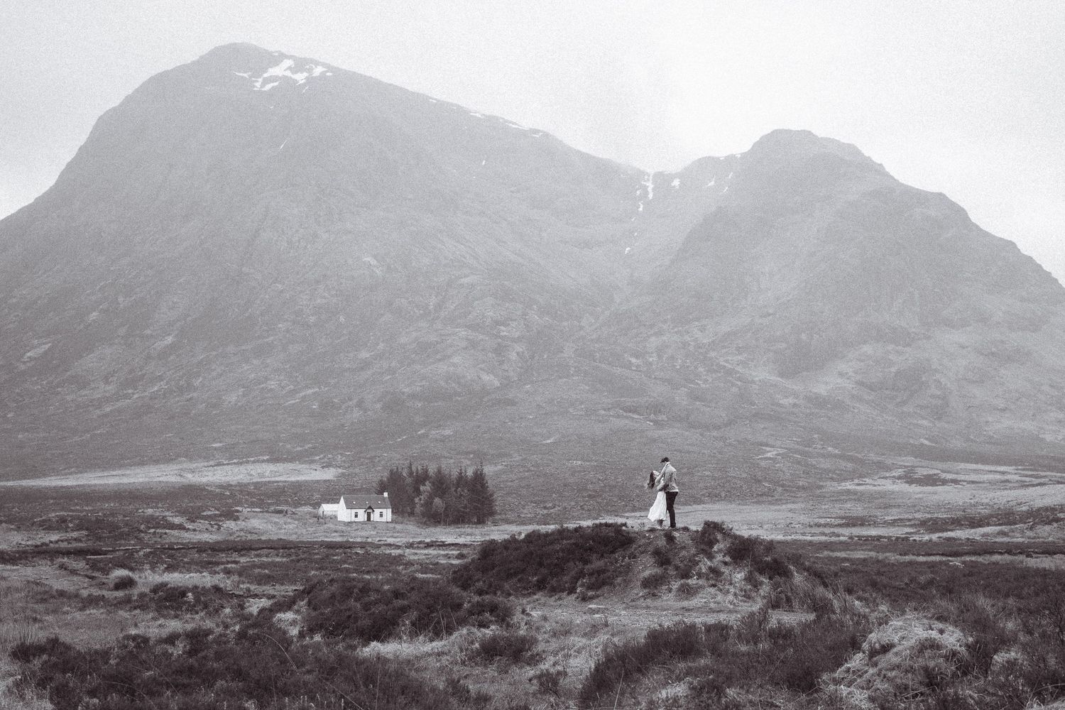Black and white, editorial, cinematic engagement shoot. Landscape, couples photographer. Highland elopement.