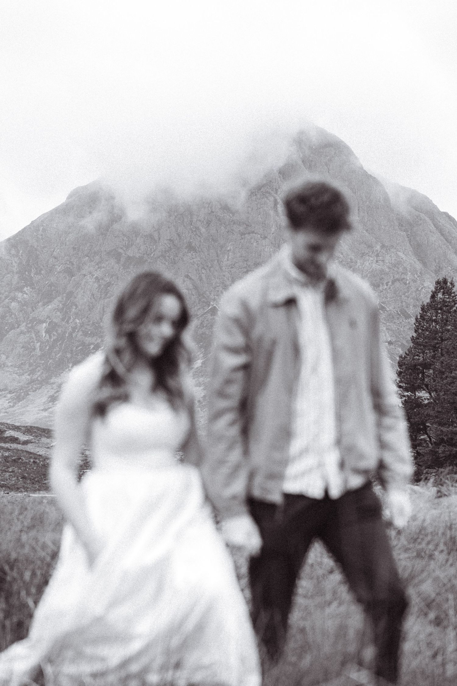 Black and white, editorial, cinematic engagement shoot. Engagement shoot, couples photographer. Highland elopement.