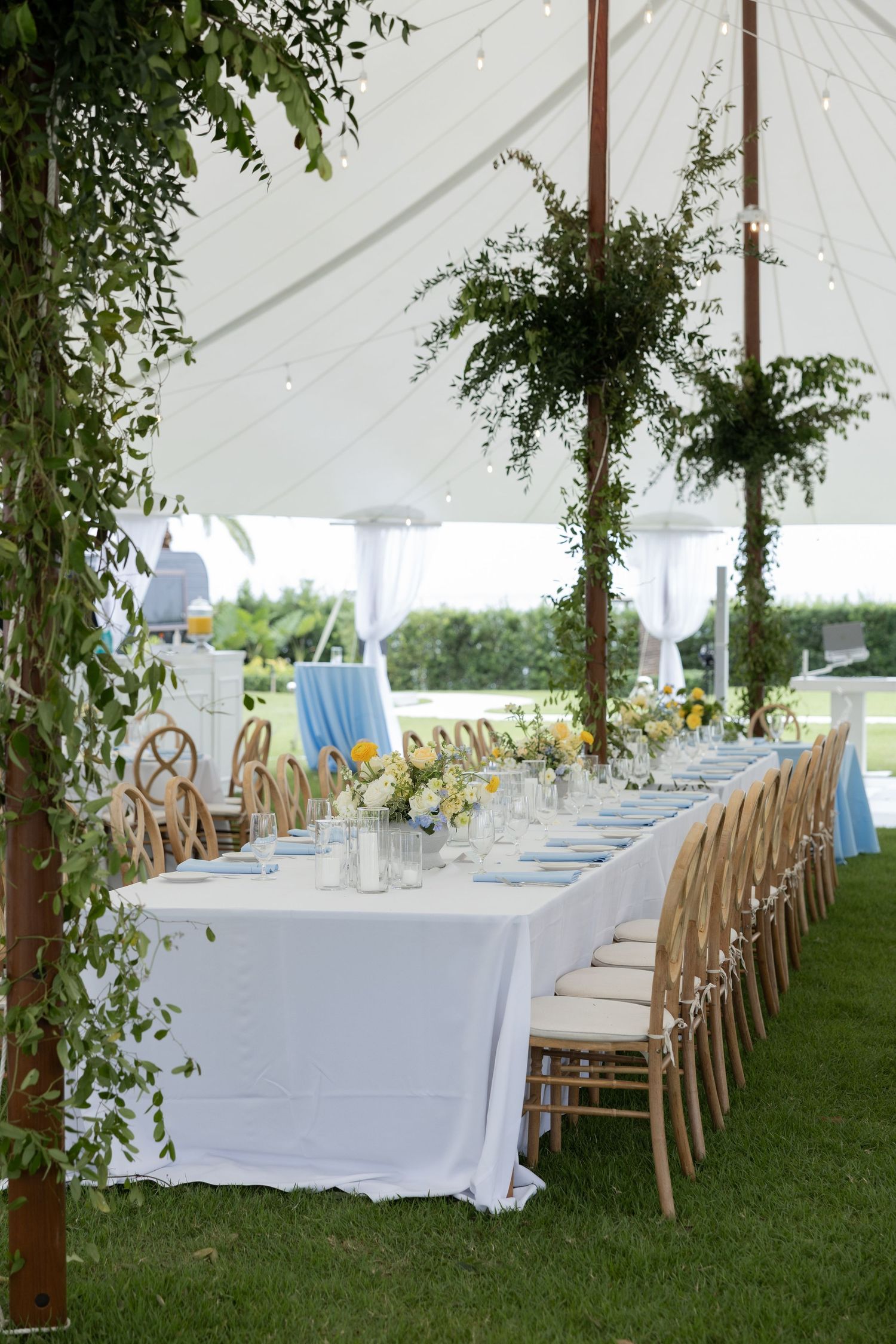Elegant outdoor wedding reception under white tent with long table, floral centerpieces, blue accents, and lush greenery decor.