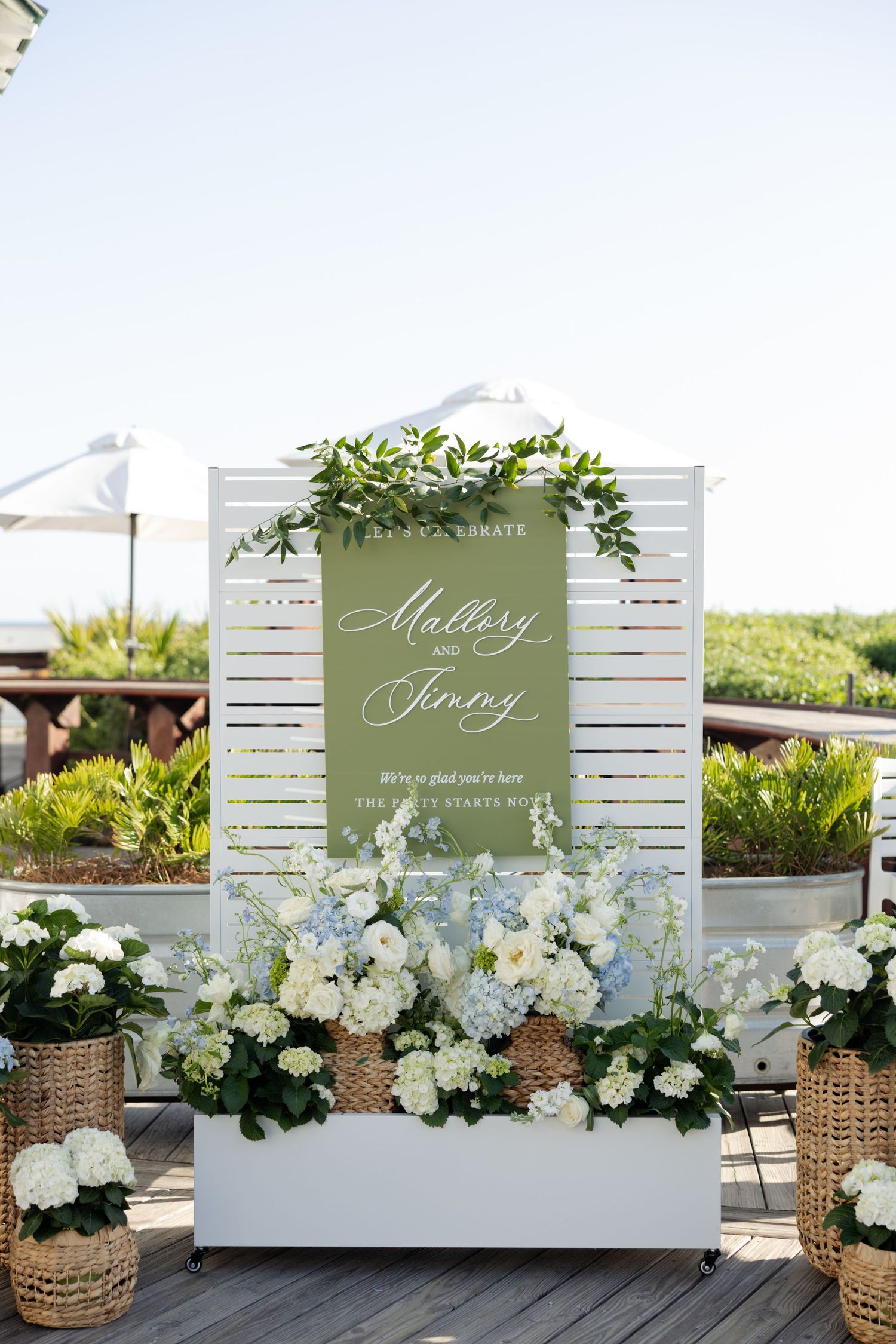 Elegant wedding welcome sign for Mallory and Jimmy, adorned with white and blue hydrangeas and greenery on a white shutter backdrop.