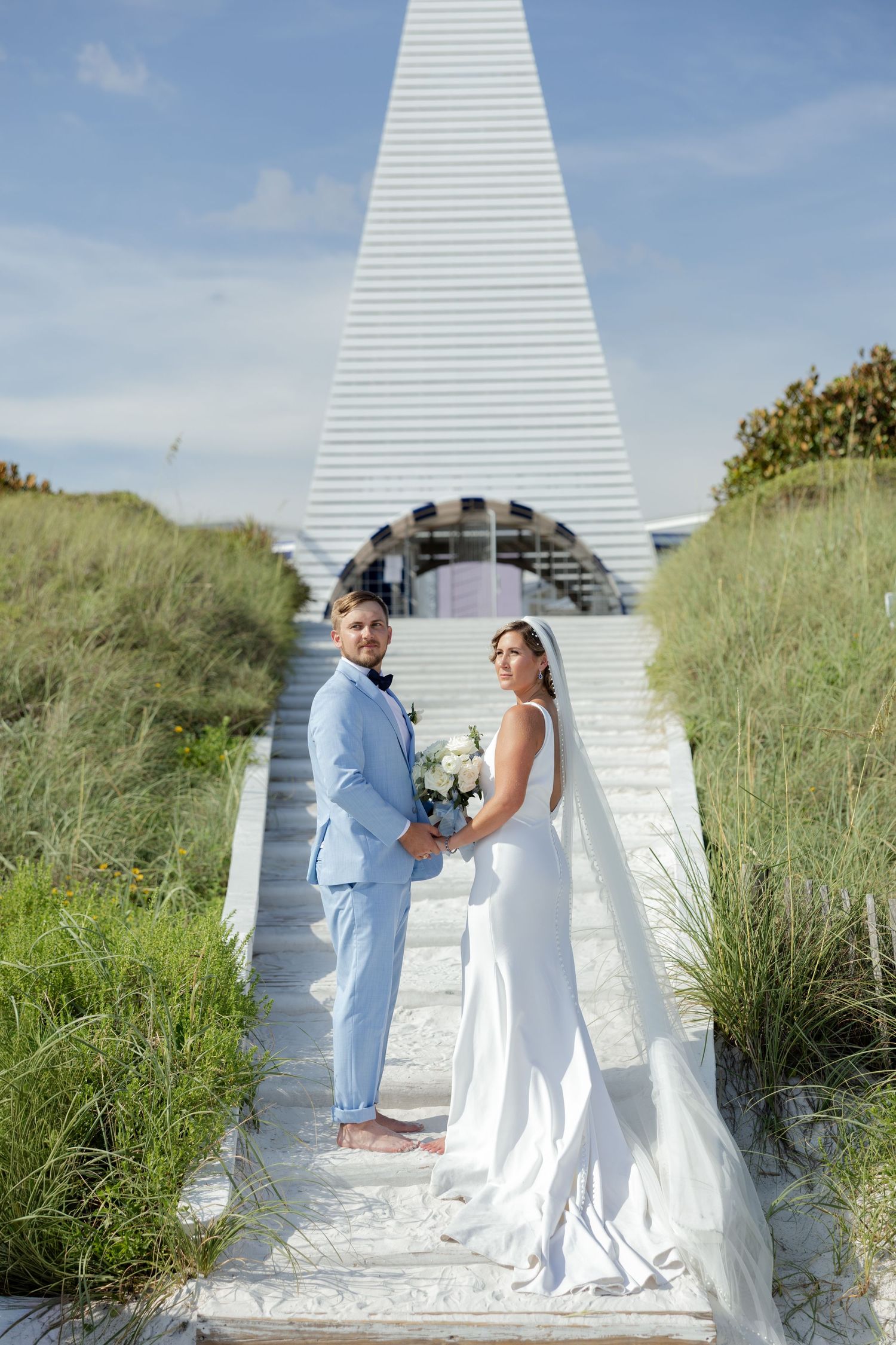 Seaside, Florida wedding bride and groom on Seaside Beach Steps.