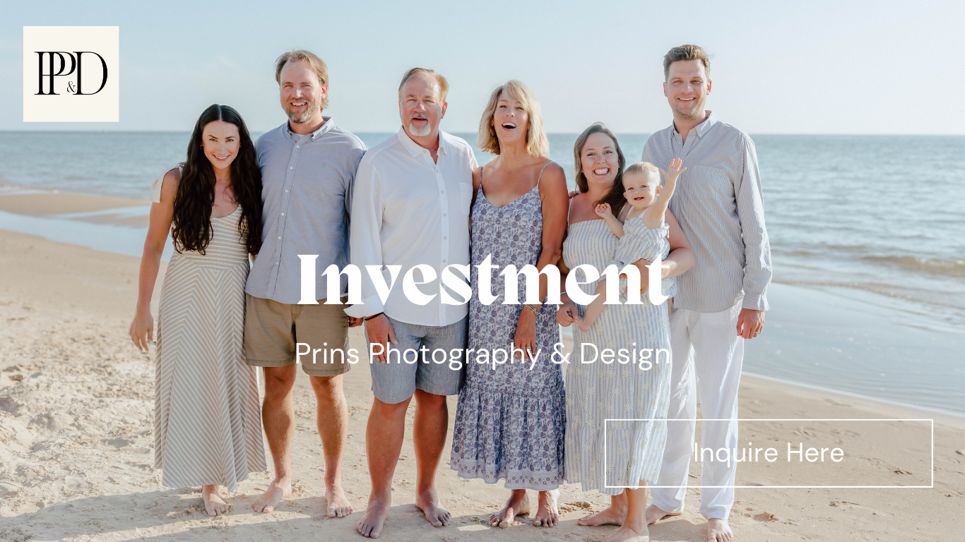 Investment text on photo of smiling extended family on the beach. Click to inquire here.