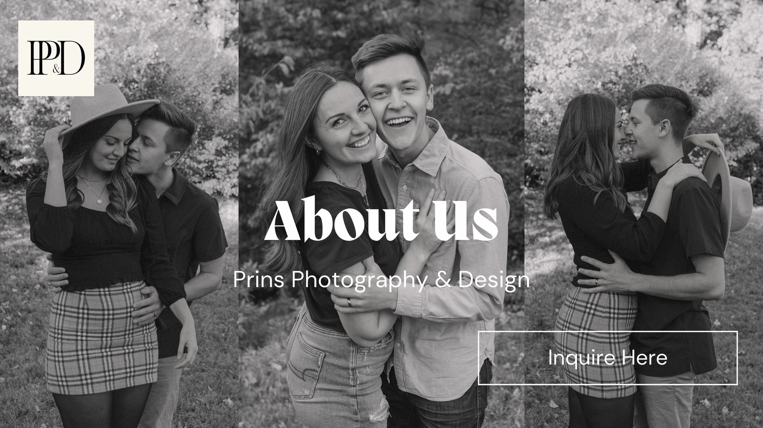 Three black and white photos of the owners of the photography business smiling and showing affection. Click to inquire.
