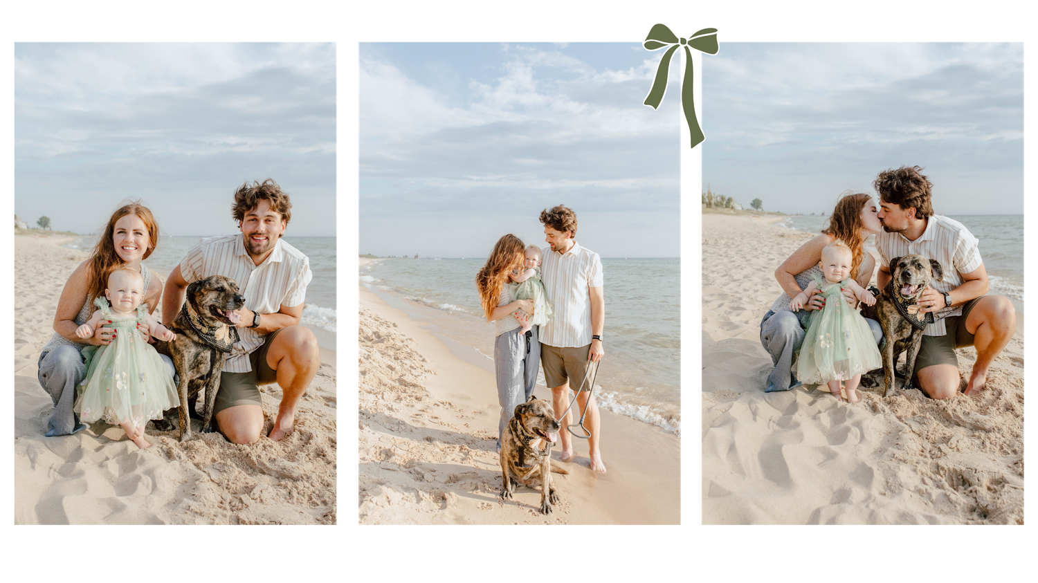 Family with one year old baby girl on the beach with their dog.