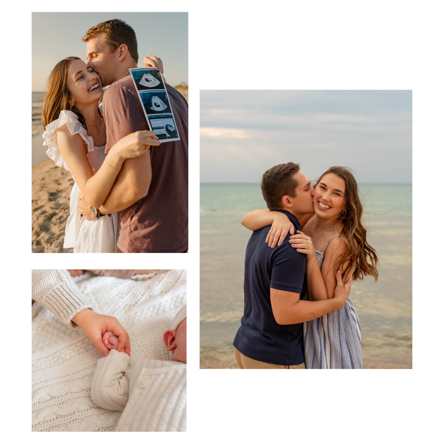 Three photos: couple doing a pregnancy announcement on beach, couple on beach for engagement photos, and newborn and toddler close up hands