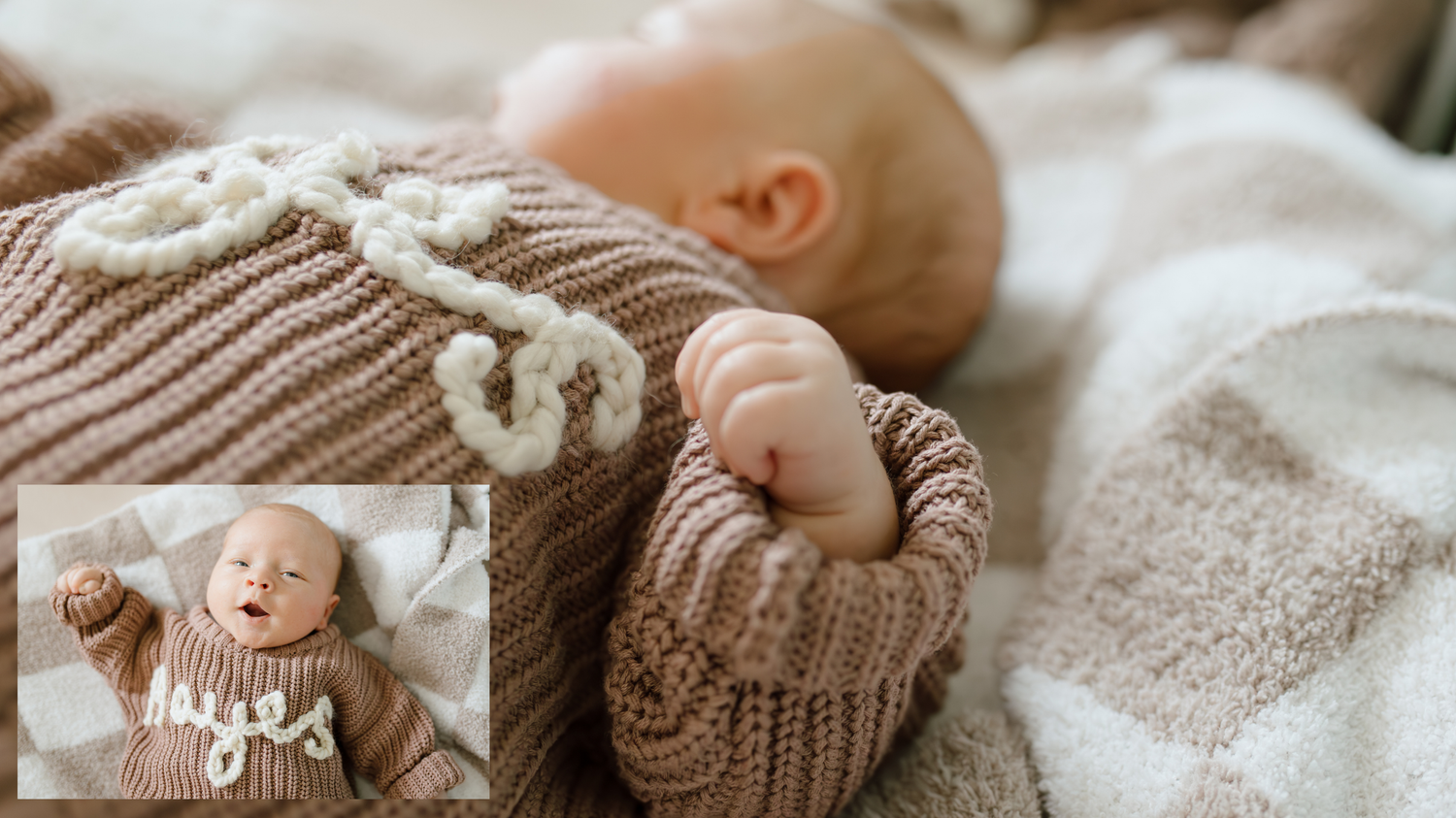 newborn baby boy in cozy knitted sweater with his name on the sweater.