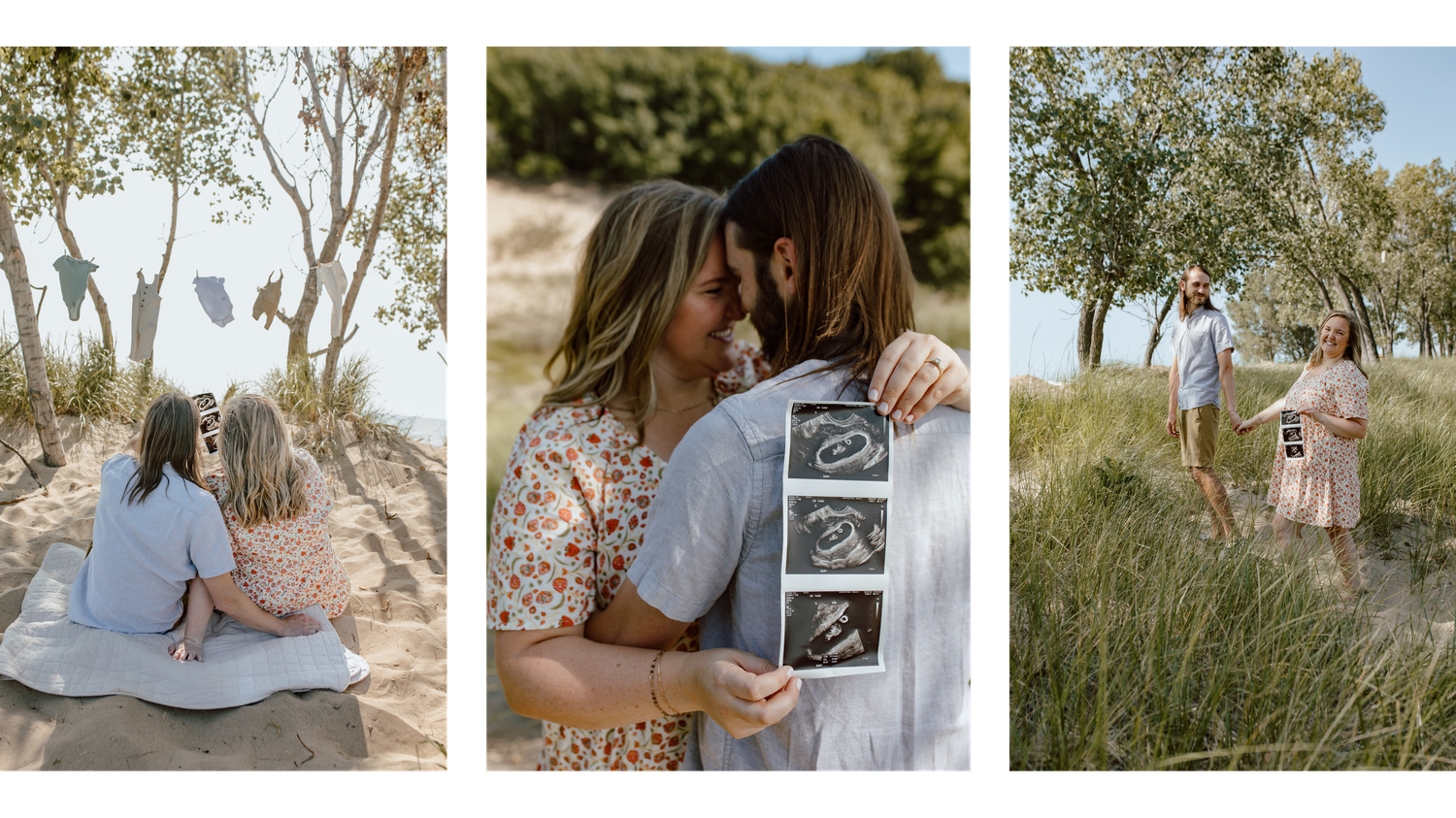 Couples pregnancy announcement in the dunes near lake Michigan. Clothesline of baby clothes and ultrasound shown in photos.