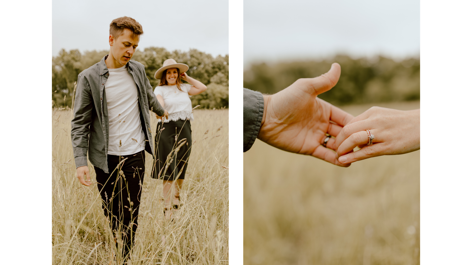 Owners of Prins Photography and Design LLC holding hands in golden hayfield.