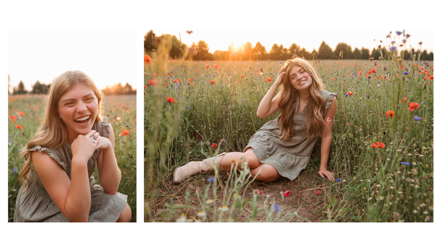 Senior girl wearing a flowy green dress in a gorgeous wildflower field during golden hour.