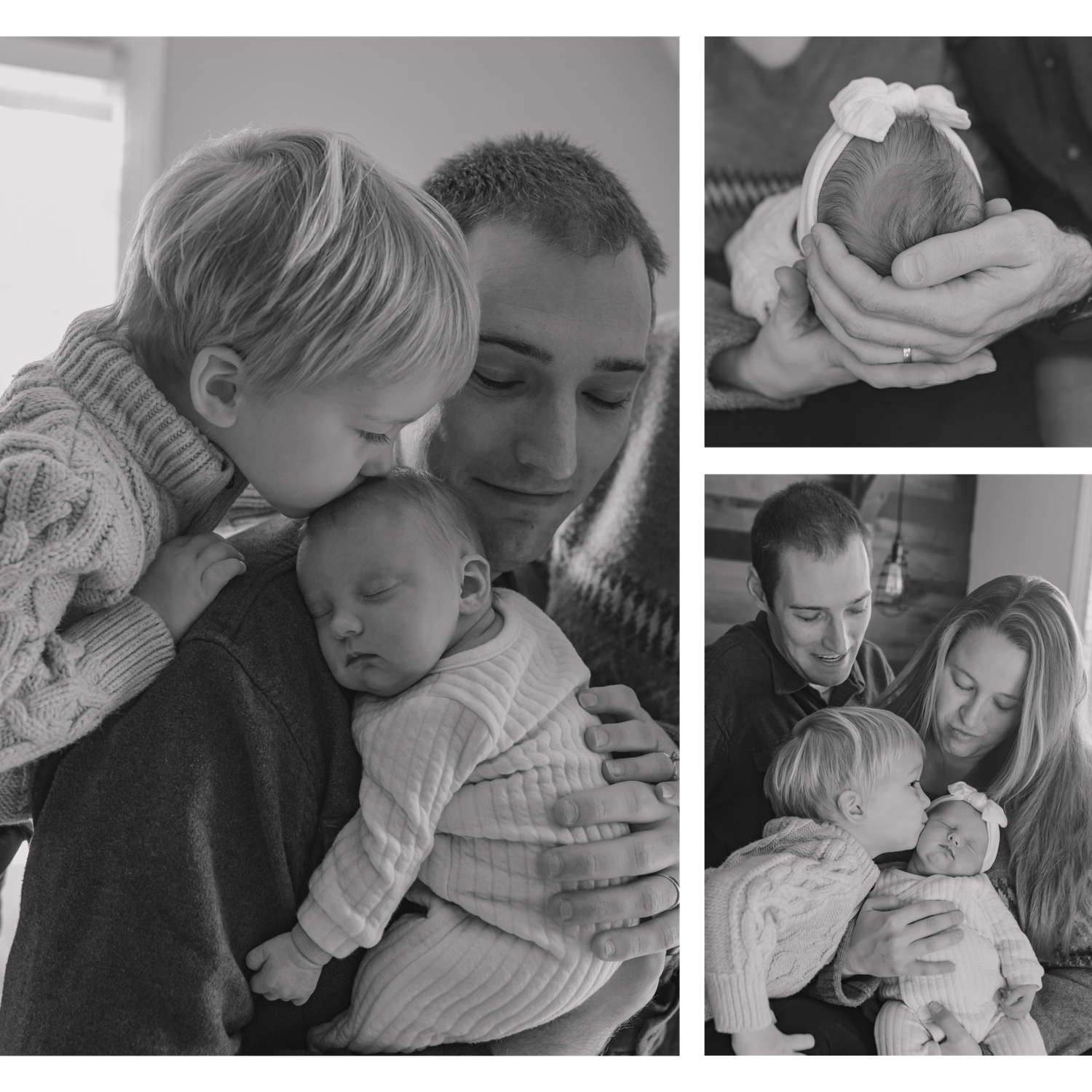 Black and white photos of family at home during a cozy newborn lifestyle photoshoot.